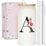 Personalized Gifts for Women, Monogrammed Frosted Glass Tumbler with Straw and Lid, Cute Customized Mug, Custom Initial Iced Coffee Glasses, Customizable Drinking Cup, Birthday Teacher Woman, A