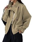 Megfie Jackets for Women Vintage Trench Coat Funnel Neck Crop Jackets Khaki