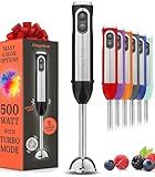 Powerful Immersion Blender, Electric Hand Blender 500 Watt with Turbo Mode, Detachable Base. Handheld Kitchen Gadget Blender Stick for Soup, Smoothie, Puree, Baby Food, 304 Stainless Steel Blades