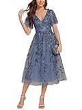 Ever-Pretty Women's V Neck A Line Cocktail Dresses Embroidery Short Sleeves Midi Sequin Formal Wedding Guest Dress Dusty Blue US8