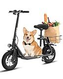 Electric Scooter with Seat ZD06, 800W Peak Motor, 20 Mile Range & 15.5 Mph, Key Start, Foldable E-Scooter with Carry Basket for Pets & Cargo, Electrically-Powered Motor Scooters