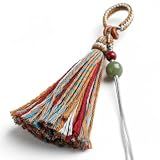 LinkWheres Handmade Tibetan Tassel Keychain - Boho Yarn Bag Charm with Green Jade & Red Beads - Colorful Cotton Rope Phone Chain - Ethnic Car Mirror Hanging Decoration (Multicolor)
