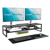 Simple Trending 2 Tier Metal Dual Monitor Stand Riser with 32"x10" Mouse Pad, Computer Desk Organizer for 2 Monitors, Laptop, Printer, TV, Black