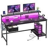 DurayLoly 39.3" Gaming Desk with Power Outlet and LED Lights,Bedroom,Black