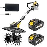 YDlawn 20V Cordless Tiller Cultivator, Electric Garden Tiller with 2 * 4.0Ah Batteries & Charger, 9In Tilling Width and 7In Depth Garden Rototiller for Lawn/Gardening/Soil Cultivation, Yellow