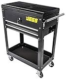 JEGS Heavy-Duty Tool Box Cart | 220 LBS Capacity | Uses Four 4” Caster Wheels | Includes 2 Keyes and 6 Drawer Liners | Black with JEGS Logo | 2 Locking Drawers | Sliding Top