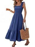 Caracilia Womens Summer Casual Maxi Dress Ruffle Spaghetti Strap Gingham Smocked Long Dresses 2026 Spring Vacation Sundress Dark Blue Medium
