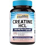 Vitalibre Creatine HCl Capsule, 750mg High Absorption Creatine Hydrochloride, Endurance, Strength, Fast Absorbing, No Load, No Bloat, Monohydrate Micronized Alternative, Once Daily, 90 Capsules