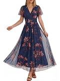 ANRABESS Women Summer Floral Maxi Dress Short Sleeve Boho Flowy Tulle Beach Vacation Wedding Guest 2026 Party Long Dresses Brown Floral Dark Blue Medium