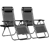 Greesum Zero Gravity Chairs Set of 2 Adjustable Steel Mesh Recliners Beach Deck Lawn Camping Patio Foldable Lounge Chair with Cup Holder Trays and Pillows,Dark Black