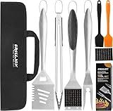 grilljoy 8PCS BBQ Grill Tools Set with Extra Thick Stainless Steel Spatula, Fork, Tongs & Cleaning Brush - Complete Barbecue Accessories Kit with Portable Bag - Perfect Grill Gifts for Men Black
