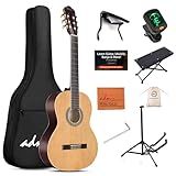ADM Full Size Classical Nylon Strings Acoustic Guitar 29 x 75x 50mm Classic Guitarra Starter Bundle for Adult with Free Lessons, Gig Bag, Tuner, Footstool, Kids Student Beginner Kits, Nature