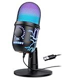 MRSDY Gaming Microphone, USB Computer Microphone for PC, Mac, PS4/5, Condenser Podcast Mic for Studio Recording, YouTube, Streaming, with Headphone Jack, Led Light, Mute, Gain, Noise Cancellation