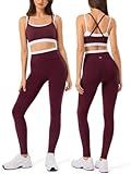 Women Workout Sets Cross Back Strappy Sports Bra High Waist Seamless Yoga Leggings 2 Piece Outfits for Gym,Lounge Wear