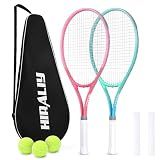 HIRALIY 27" Tennis Rackets Set for Adults, 2 Player Pre-Strung Tennis Racquets, 2 Overgrip Tapes,3 Balls, and 1 Carrying Bag, Outdoor Recreational Sport for Beginner (Pink/Green)