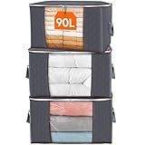 Lifewit 3 Pack 90L Clothes Storage Bins with Lids, Foldable Blanket Storage Bags with Zippers, Clear Window and Reinforced Handles, Closet and Organization for Clothing, Sweater, Comforter, Bedding