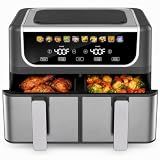 KMFurnila 2 Baskets Air Fryer 9.5 QT, 10 in 1 Dual Air Fryers with Ceramic Crisper Plate, 80-450°F Wide Temp, Smart Cooking Mode with Match & Sync Cook, Shake Reminder, Roast, Defrost, Bake, Black