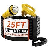 PlugSaf 50 Amp Generator Cord, 25FT 50 Amp RV Extension Cord with Twist Lock, Generator Cable 50A 4 Prong Yellow, NEMA 14-50P/SS2-50R Heavy Duty STW Wire for RV Camper & House