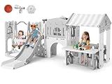 JOYLDIAS 10 in 1 Toddler Slide, Freestanding Kid Climber Slide Playset, Toddler Playhouse with Slide and Swing, Basketball Hoop, Telescope, Indoor Outdoor Backyard Playground Toy for Toddlers Age 1-3+