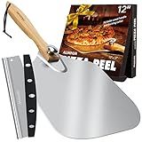 Pizza Peel Aluminum Pizza Spatula, Mooues 12 inch Metal Pizza Paddle(12"x 14")with Rocker Cutter Foldable Wood Handle, [Storage bag included], for Family Pizza Oven Baking Pizza, Dough, Bread & Pastry