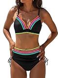 popvil High Waisted Bikini Sets for Women Tummy Control Swimsuits 2026 Neon Two Piece V Neck Drawstring Modest Curvy Bathing Suits Ladies Beach (Black)