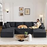 Oversized Cloud Boneless Couch with Chaise, Modern Modular Sofa with Deep Seat, Corduroy Upholstered U Shaped Couch for Living Room, No Assembly Required (Grey)