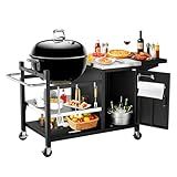Utheer Grill Table Cart for Weber Kettle 22" Charcoal Grill, Big Green Egg, AKORN Jr – Oversized 47.7"x32.2" Surface (30% Larger) with 3-Level Adjustable Shelf, Storage Cabinet, Hooks & Towel Holder