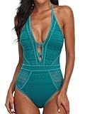 SOCIALA Womens Swimsuits Crochet One Piece Swimsuit Women V Neck Bathing Suits Vintage Swim Suit for Ladies 2025 Blue XL