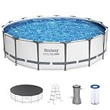 Bestway Steel Pro MAX 15' x 42" Above Ground Pool, Round Metal Frame Outdoor Swimming Pool Set with Filter Pump, Ladder, and Cover, Gray