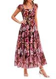 PRETTYGARDEN Women's Summer Smocked Midi Tulle Dress, Floral Brown Pink,M