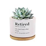 Loovelo Retired Definition Retirement Gifts Ceramic Succulent Plant Pot with Bamboo Tray Round Coworker Boss Home Office Decor Plant Lover 3.5 Inch White (No Plants)