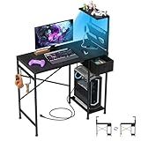 33.7 Inch Small Gaming Desk Table with LED Lights & Power Outlets, Compact L Shaped Gaming Computer Desk with CPU Stand, Drawer & Storage, Corner PC Desk for Kids, Home Office , Bedroom, Black