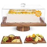 Acacia Wood Cake Stand with Lid - 15" Rectangular 2-in-1 Serving Board & Dessert Display, Shatterproof Acrylic Cake Dome Cover(5.1" high), Charcuterie Platter for Cheese, Fruit, Appetizers (15 inch)