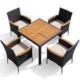 Devoko 5 PCS Acacia Wood Patio Dining Set, Black Rattan