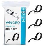 VELCRO Brand Heavy Duty Cable Ties Reusable | 60Pc Bulk Pack | 8 x 1/2" ONE-WRAP Straps, Black | Strong Wire Management | Cord Bundling for Home Office and Data Centers