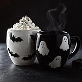 Didaey 2 Pack Halloween Coffee Mug 14 oz Ceramic Ghost Bat Mug Black White Ghost Bat Drinking Cups Cute Holiday Cup Sets for Halloween Party Table Centerpieces Housewarming Gift