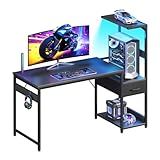 Casaottima 48 Inch Gaming Desk with Storage & LED Lights, Reversible Computer Desk with Display Shelves & Fabric Drawer, Modern Gamer Desk Table with Side Headphone Hook, Carbon Fiber Black