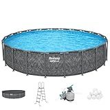 Bestway APX 365 22' x 52" Above Ground Pool, Round Metal Frame Outdoor Swimming Pool Set with Sand Filter Pump, Ladder, and Cover, Dark Marble