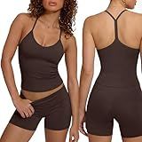 SUUKSESS Women Sexy Racerback 2 Piece Workout Sets V Neck Y Back Padded Sports Bra High Waisted Shorts with Pockets(Black,XS)