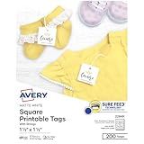 Avery Square Printable Tags, Sure Feed Technology, 1.5" x 1.5", White, Includes String, Laser/Inkjet Printable, 200 Total, Great for Branding, Gifts, Merchandising, and More (22849)