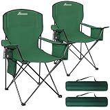 Camping Chairs for Adults, 2 Pack Heavy Duty Folding Chair with 4-Can Cooler Bag, Portable Outdoor Chair with Cup Holder, Collapsible for Tailgating, Beach, Fishing, Green