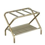 Smuxee Gold Luggage Rack, Foldable Suitcase Stand with Fabric Storage Shelf, Luggage Holder with 4 Nylon Straps for Guest Room Bedroom Hotel