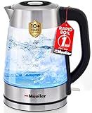Mueller Rapid Boil Electric Tea Kettle 1.8L – Borosilicate Glass & Stainless Steel – BPA-Free Hot Water Boiler, LED Light, Auto Shut-Off, Boil Dry Protection Fast Water Heater – Kitchen Appliances