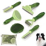 Nobleza 6PCS Dog Grooming Kit, Self-Cleaning Slicker Brush with Massage Tips, Dematting Comb for Shedding and Tangles, Ergonomic Bath Brush, Adjustable Handle, Safe for Dog Cat Puppy, Green