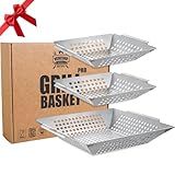 3 Pack Grill Baskets for Outdoor Grill, Heavy Duty Stainless Steel Vegetable Grill Basket, Grilling Basket for Veggies, Grilling Accessories for All Grills & Smokers - Grilling Gifts for Men