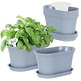 Oliz Windowsill Herb Garden Planter with Tray, Set of 6 Grey Oval Farmhouse Garden Pots for Indoor/Outdoor Plants (No Seeds)