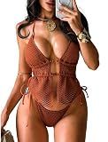 ZAFUL Crochet Halter Swimsuits for Women Beads Backless Two Piece Bikini Sets String Tie Side Cheeky High Cut Bathing Suit 3-Caramel M