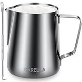 Milk Frothing Pitcher, 12oz Stainless Steel Milk Frother Cup Steaming Pitcher, Coffee Bar Cappuccino Espresso Machine Accessories Barista Tools, Metal Pitcher Milk Jug with Decorating Latte Art Pen