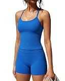 SUUKSESS Women 2 Piece Workout Sets High Waisted Tummy Control Biker Shorts Halter Padded Tank Tops Racerback Sports Bras