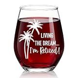 XQLZY Living The Dream I'M Retired Stemless Wine Glass, Funny Beach Palm Tree Print Wine Glass Gifts for Women Mom Aunt Grandma BFF, Summer Beach Vacation Retirement Cup Gifts for Friend Family